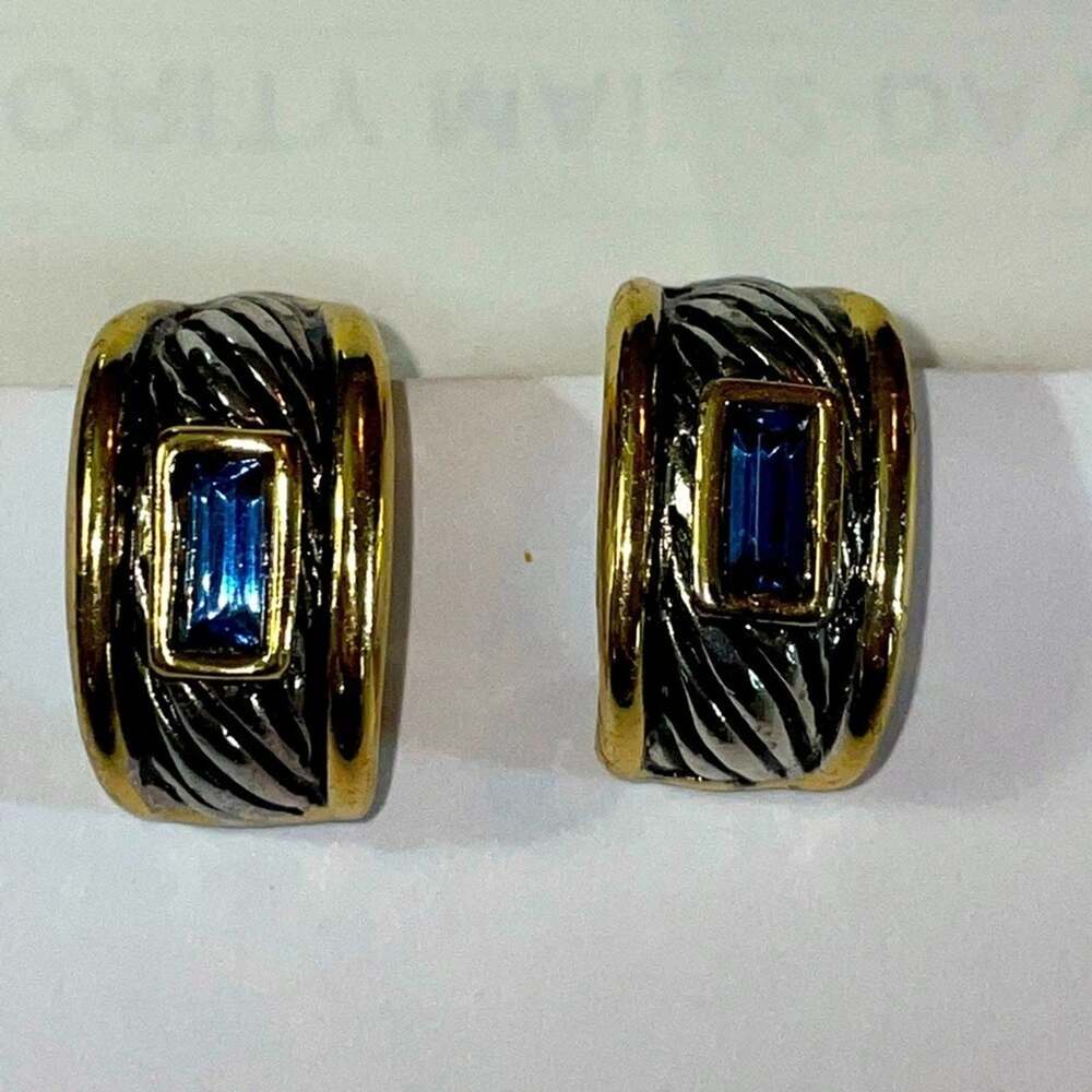 Blue stone mixed metal clip earrings